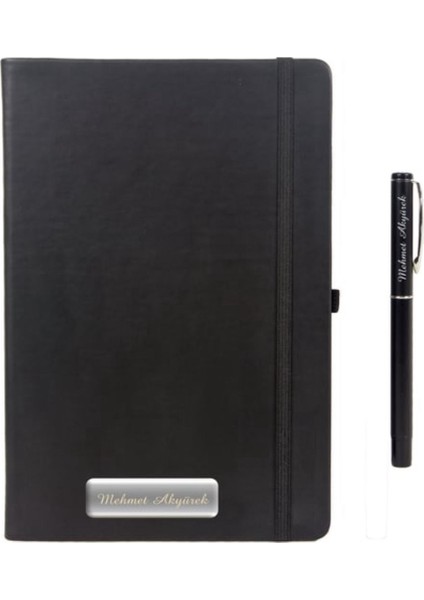 Isme Özel Lastikli Siyah Defter ve Siyah Kalem Seti