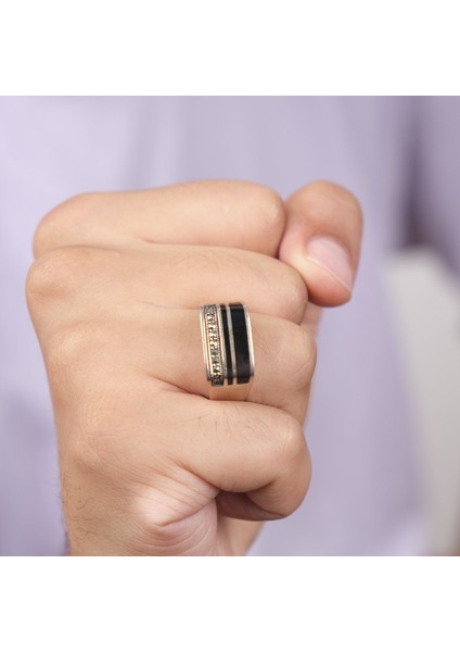 Erkek Siyah Renk Geçişli Gümüş Yüzük NUR-YZ00101