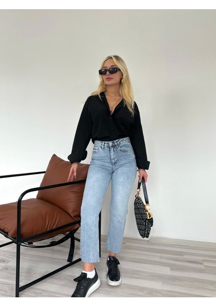 Kadın Kesik Paça Boyfit Jean Mavi