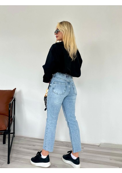 Kadın Kesik Paça Boyfit Jean Mavi modelleri