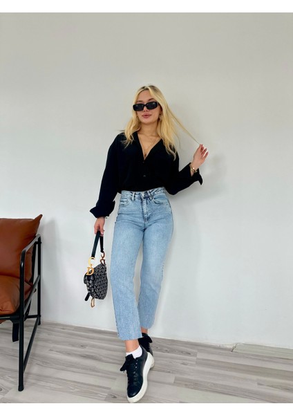 Kadın Kesik Paça Boyfit Jean Mavi fırsatları