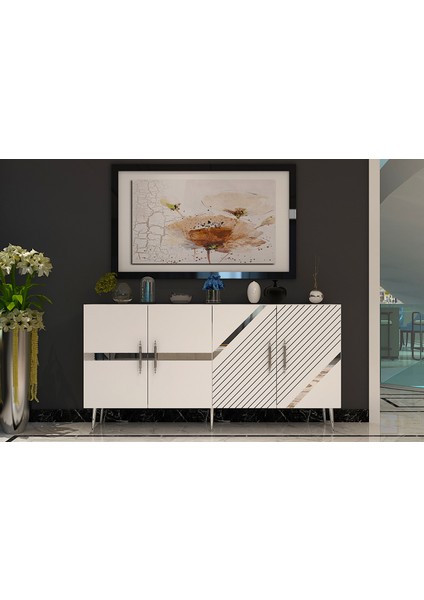 Pınar Konsol Tv Sehpası Çok Amaçlı Dolap 150 cm Beyaz Gümüş