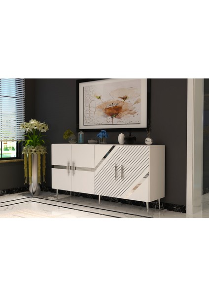 Pınar Konsol Tv Sehpası Çok Amaçlı Dolap 150 cm Beyaz Gümüş fiyatları