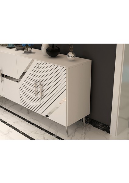 Pınar Konsol Tv Sehpası Çok Amaçlı Dolap 150 cm Beyaz Gümüş modelleri