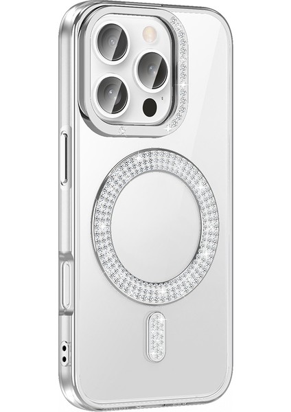 Apple iPhone 16 Pro Max Kılıf Kamera Çıkıntılı Korumalı Parlak Parılıtı Taşlı Yuvarlak Magsafe Halkalı