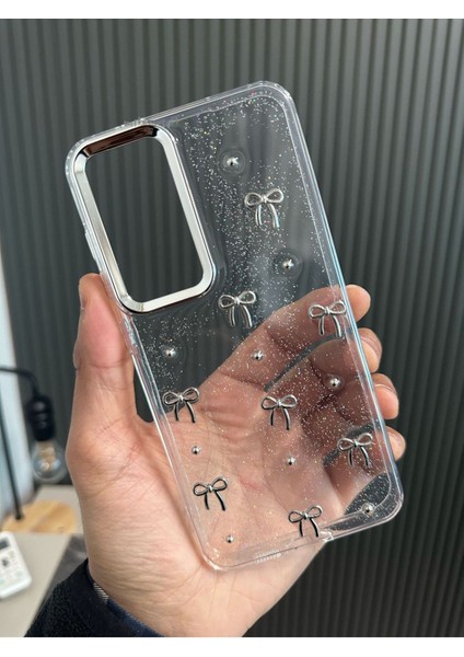 Samsung Galaxy A26 Fiyonk Desenli Şeffaf Kılıf Simli Darbeye Karşı Dayanıklı Papyon Işıltılı Kapak