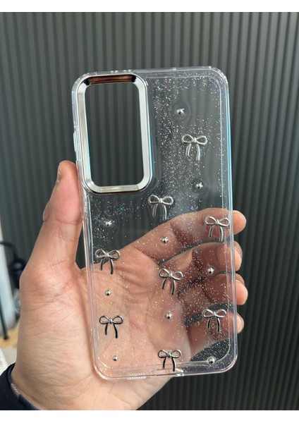 Samsung Galaxy A26 Fiyonk Desenli Şeffaf Kılıf Simli Darbeye Karşı Dayanıklı Papyon Işıltılı Kapak
