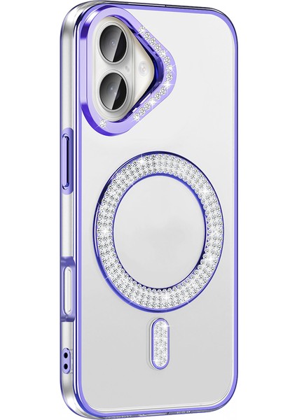 Apple iPhone 16 Plus Kılıf Kamera Çıkıntılı Korumalı Parlak Parılıtı Taşlı Yuvarlak Magsafe Halkalı