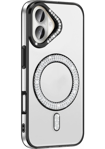 Apple iPhone 16 Uyumlu Kılıf Kamera Çıkıntılı Korumalı Parlak Parılıtı Taşlı Yuvarlak Magsafe Halkalı