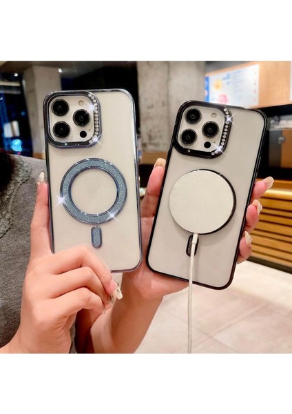 Apple iPhone 15 Pro Kılıf Kamera Çıkıntılı Korumalı Parlak Parılıtı Taşlı Yuvarlak Magsafe Halkalı