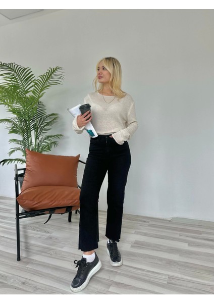 Kadın Kesik Paça Boyfit Jean Siyah