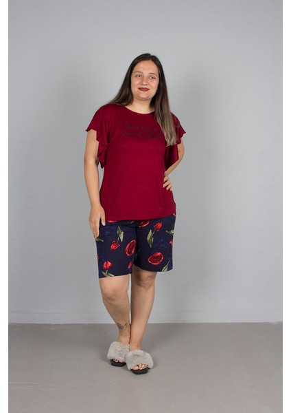 Büyük Beden Şortlu Kol Volanlı Pijama Takım