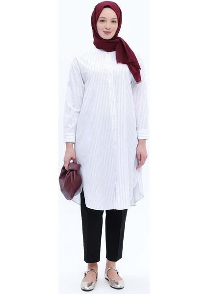 Pamuklu Çizgili Uzun Poplin Gömlek 24DS51253AL0