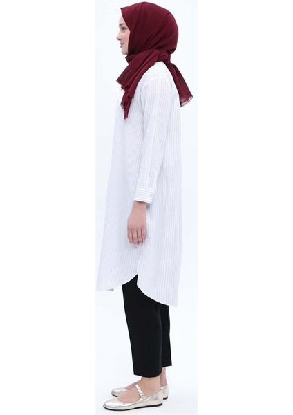 Pamuklu Çizgili Uzun Poplin Gömlek 24DS51253AL0 fiyatları