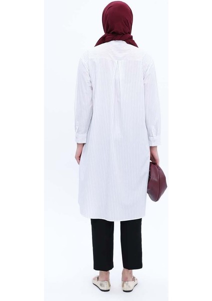 Pamuklu Çizgili Uzun Poplin Gömlek 24DS51253AL0 indirimleri
