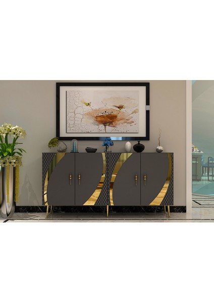Handle Konsol Tv Sehpası Çok Amaçlı Dolap 150 cm Antrasit Altın
