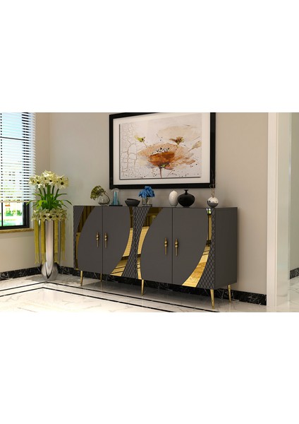 Handle Konsol Tv Sehpası Çok Amaçlı Dolap 150 cm Antrasit Altın fiyatları