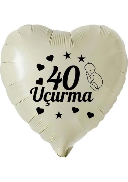18 Inç Retro Beyaz (Krem)Renk Bebek Figürlü 40 Uçurma Temalı Kalp Folyo Balon