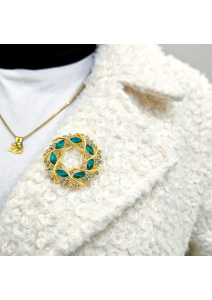 Zümrüt Rengi Gold Vintage Broş