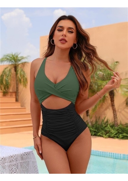 2025 Mayo Kadın Tek Parça Askılı Sıkı Oturan Renk Uyumlu Mayo Avrupa ve Amerikan Siyah ve Yeşil (Yurt Dışından)