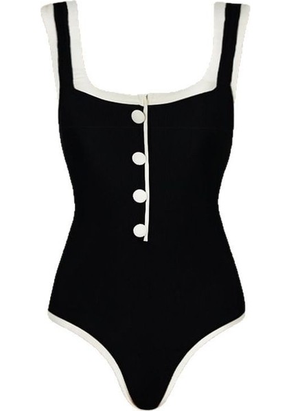 Avrupa ve Amerikan Mayo Siyah Beyaz Renk Uyumlu Bikini Küçük Chanel Tarzı Büyük Boy Basit Tek Parça Göbek Örtüsü (Yurt Dışından)