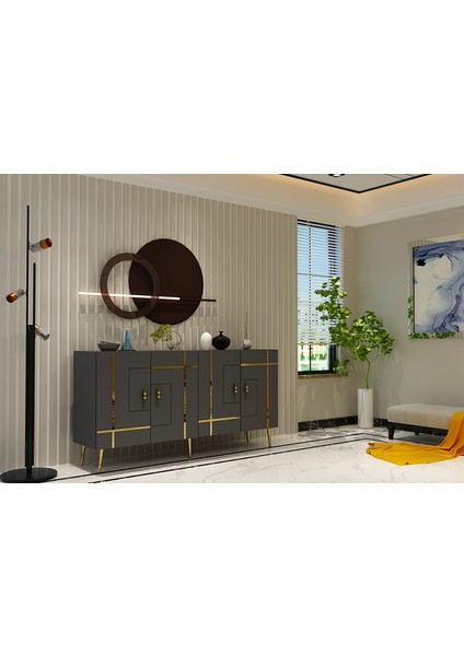 Honest Konsol Tv Sehpası Çok Amaçlı Dolap 150 cm Antrasit Altın