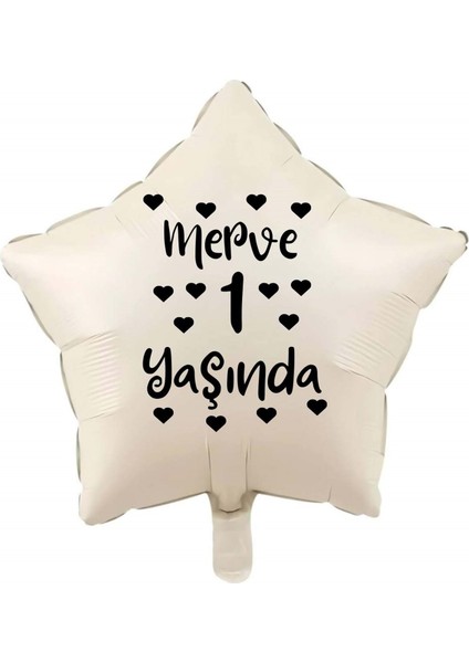 18 Inç Retro Beyaz(Krem) Renk Kişiye Özel Yaşında Yazılı Kalpli Yıldız Folyo Balon