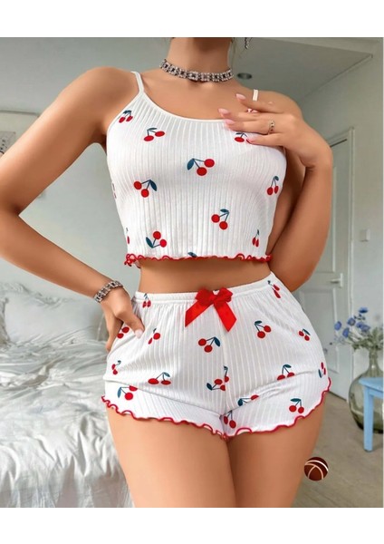 Lily Beyaz Kırmızı Kiraz Desenli %100 Pamuk Ince Askılı Büstiyer Şort Takım