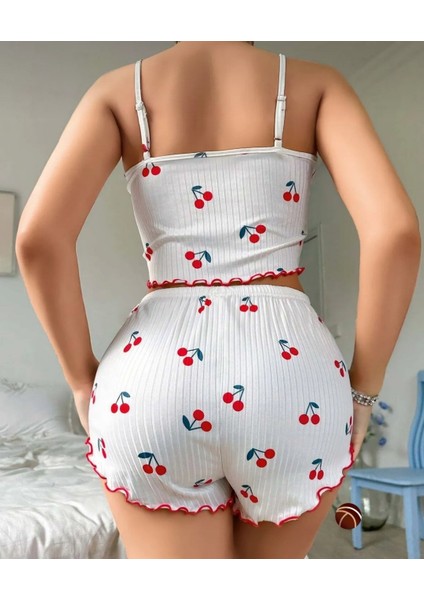 Lily Beyaz Kırmızı Kiraz Desenli %100 Pamuk Ince Askılı Büstiyer Şort Takım