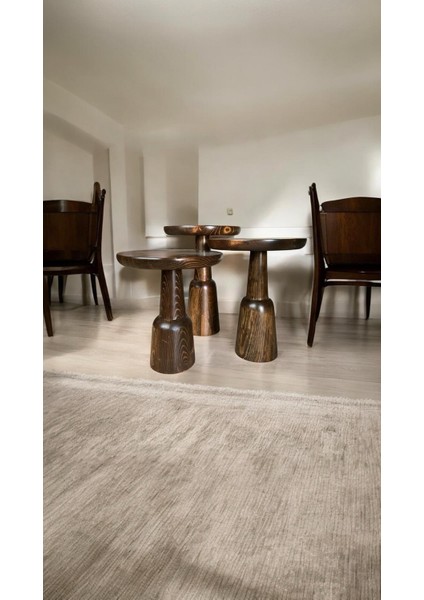 Wood Ahşap 3’lü Set Ürgüp Mantar Yan Sehpa Konik Model / Ceviz Renk / Zigon Sehpa Vernikli
