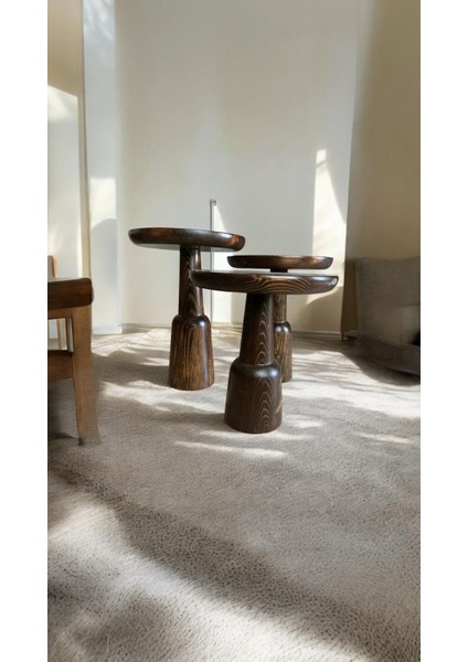 Wood Ahşap 3’lü Set Ürgüp Mantar Yan Sehpa Konik Model / Ceviz Renk / Zigon Sehpa Vernikli