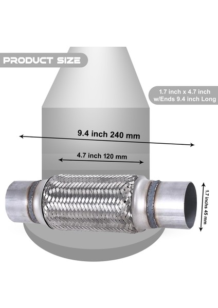 Egzoz Spiral Flex BORUSU,45MMX 240MM Üniversal Tip, Paslanmaz Çelik Çift Örgülü Flex Borusu