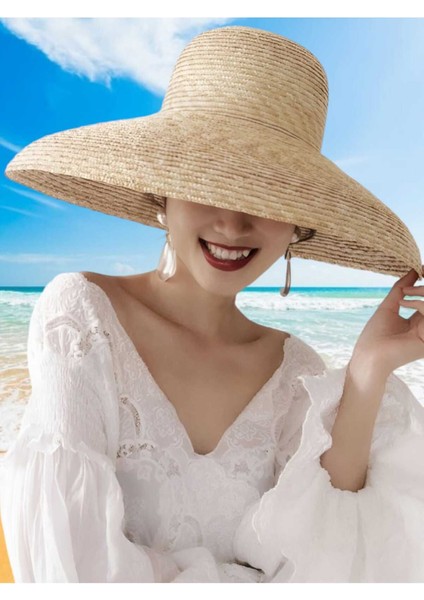 Kadın Vintage Audrey Hepburn Model El Yapımı Organik Hasır Şapka