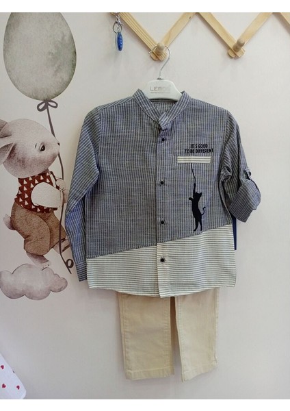 Parçalı Hakim Yaka Kedi Detaylı Erkek Çocuk Takım