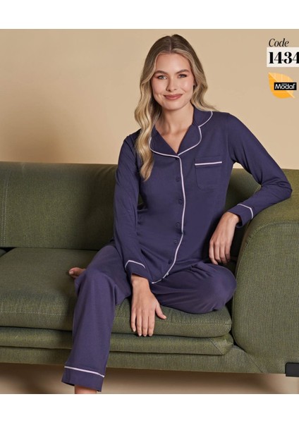 Poleren Modal Kumaş Rahat Gömlek Pantolon/sıfır Yaka Desenli Düz Battal Pijama Takımları