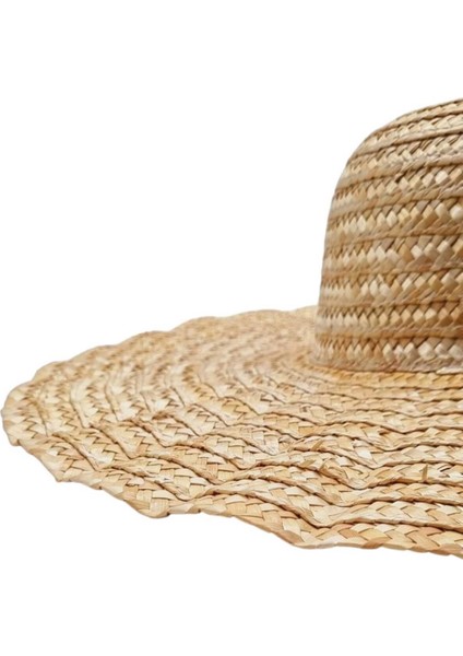 Kadın Vintage Dalgalı Ruffles Model El Yapımı Organik Hasır Şapka