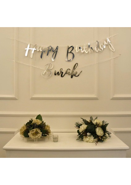 Kişiye Özel Gümüş Renkli Happy Birthday El Yazısı Banner