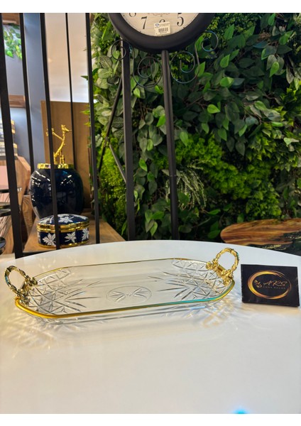 Timeless Gold Yaldızlı Metal Kulplu Dekoratif Sunumluk Tepsi, Kayık Tabak