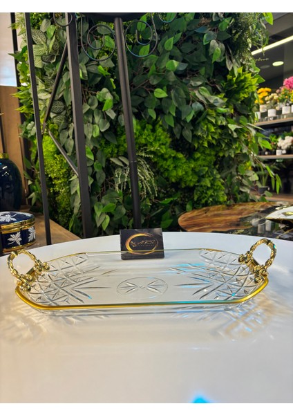 Timeless Gold Yaldızlı Metal Kulplu Dekoratif Sunumluk Tepsi, Kayık Tabak