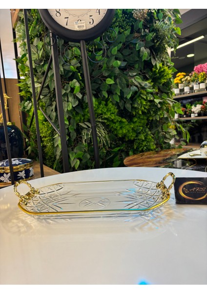 Timeless Gold Yaldızlı Metal Kulplu Dekoratif Sunumluk Tepsi, Kayık Tabak