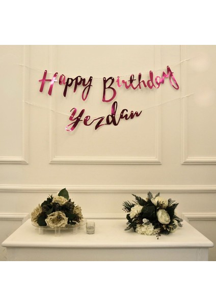 Kişiye Özel Simli Fuşya Renkli Happy Birthday El Yazısı Banner