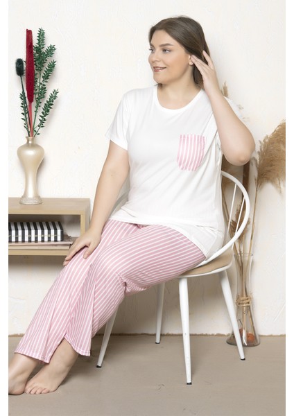 Büyük Beden Pembe Çizgili Kısa Kollu Battal Pijama Takımı B-18 fırsatları