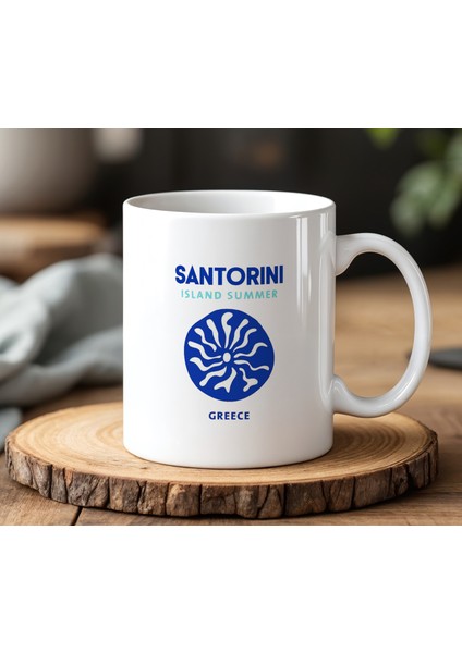 Santorini Tasarımlı Beyaz Seramik Baskılı Kupa Bardak 330 ml