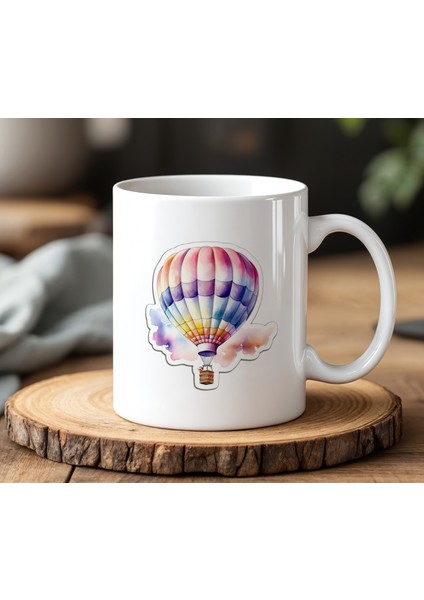Paraşüt Sticker Tasarımlı Beyaz Seramik Baskılı Kupa Bardak 330 ml