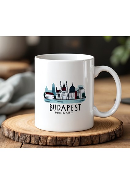 Budapeşte Tasarımlı Beyaz Seramik Baskılı Kupa Bardak 330 ml