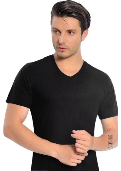 Erkek V Yaka Penye Atlet 6'lı Paket Siyah