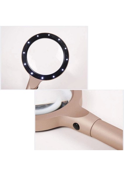-12 LED Işıklı 10X Büyüteç ,yaşlılar ve Çocuklar Için Okuma Saplı Metal Büyüteç 8013