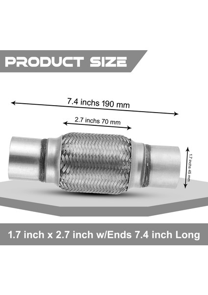 Egzoz Spiral Flex Borusu, 45MM*190MM,ÜNIVERSAL Tip, Paslanmaz Çelik Çift Örgülü