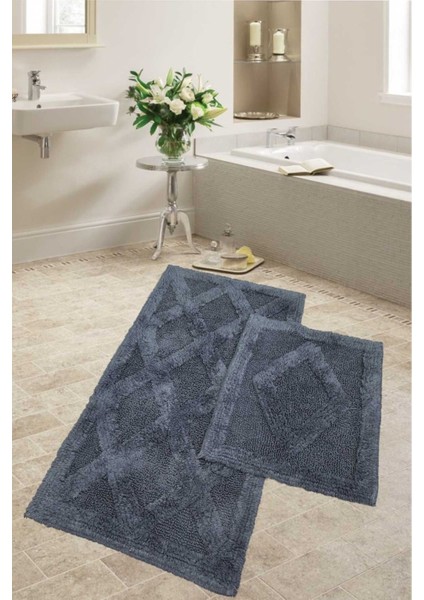 Karo Antrasit Tufting Naturel Pamuk 2'li Banyo Paspası Seti Makinede Yıkanabilir Klozet Takımı