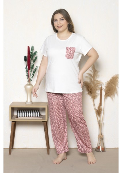 Büyük Beden Pembe Renkli Çiçek Desenli Kısa Kollu Battal Pijama Takımı B-19 fiyatları
